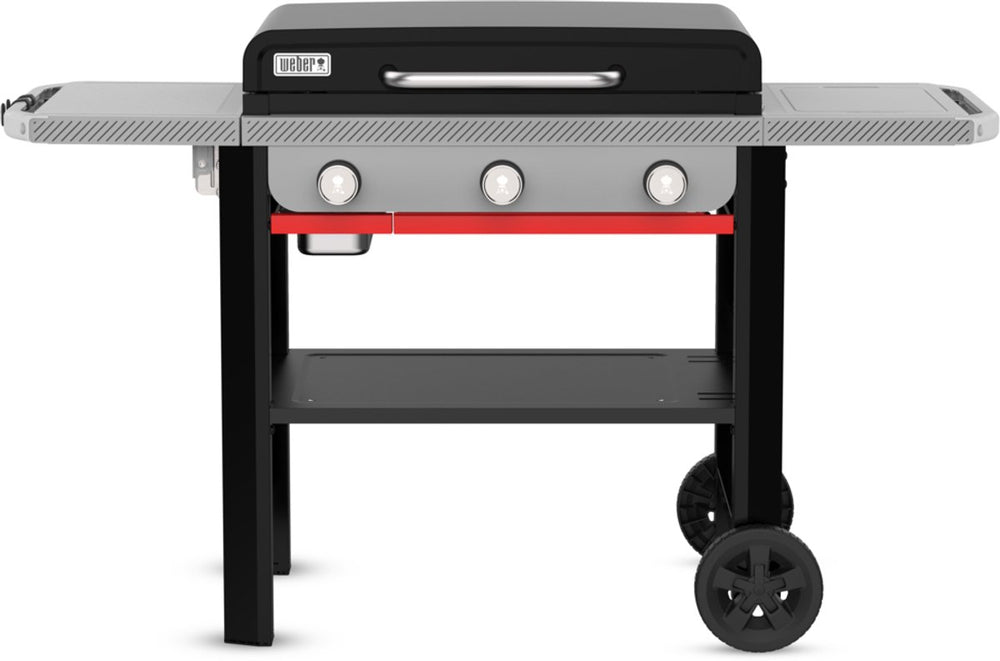 Weber slate plancha - 71 cm bakplaat - gasbarbecue - 3 branders - zwart - 2 robuuste wielen - 2 inklapbare zijtafels - 2 gereedschapshaken - deksel voor bescherming - bereikt tot 260 °c - porselein geëmailleerde bakplaat met anti-aanbaklaag