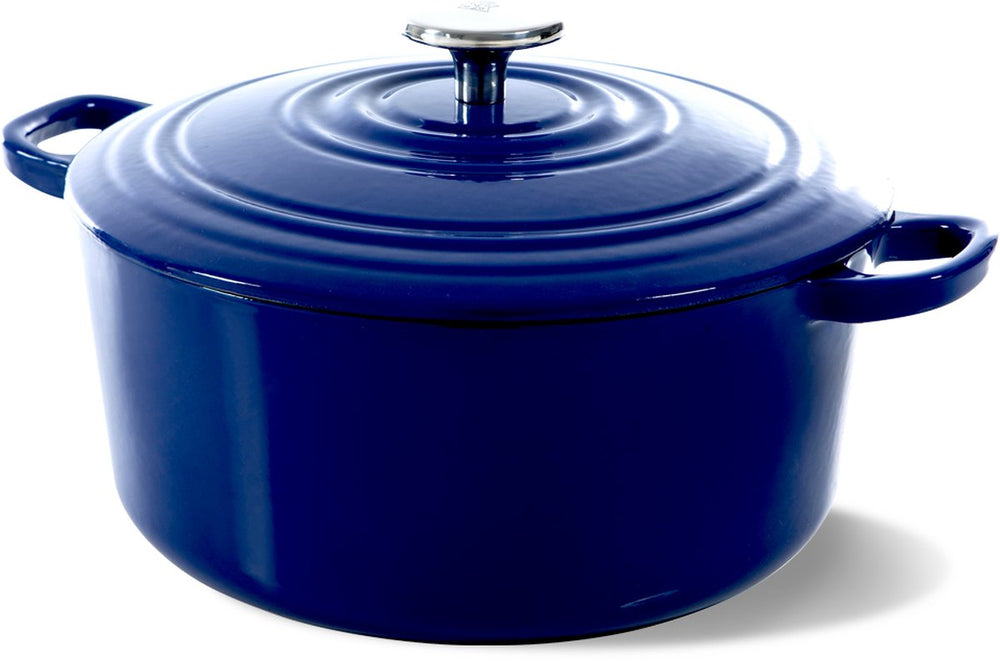Bk bourgogne braadpan gietijzer 24cm 4.2l - inductie braadpan - gietijzeren braadpan - ovenbestendig tot 230 graden - deksel met druipringen - wit geëmailleerde binnenkant - royal blue