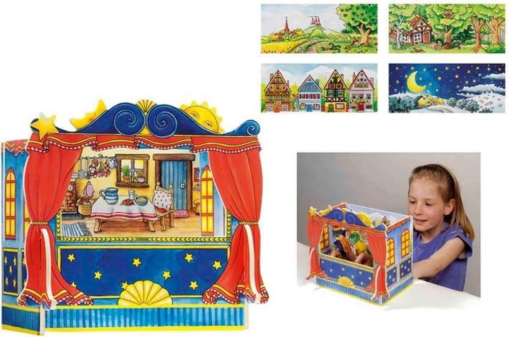 Goki poppentheater - vingerpoppen - met 5 verwisselbare decors - 28x20x25cm - hout