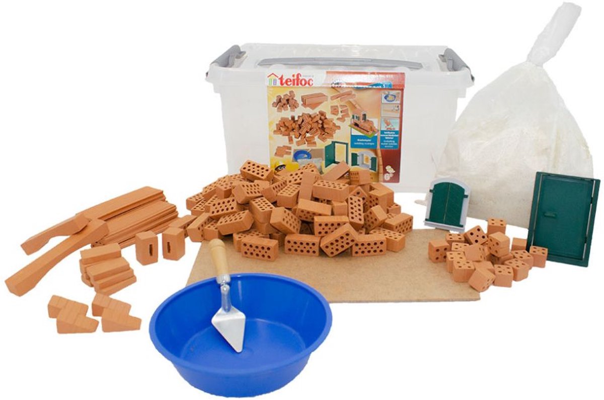 Teifoc ® bouwdoos – creatieve box – 145 onderdelen – echte mini bakstenen met cement, kom en troffel – bouwpakket voor kinderen vanaf 6 jaar