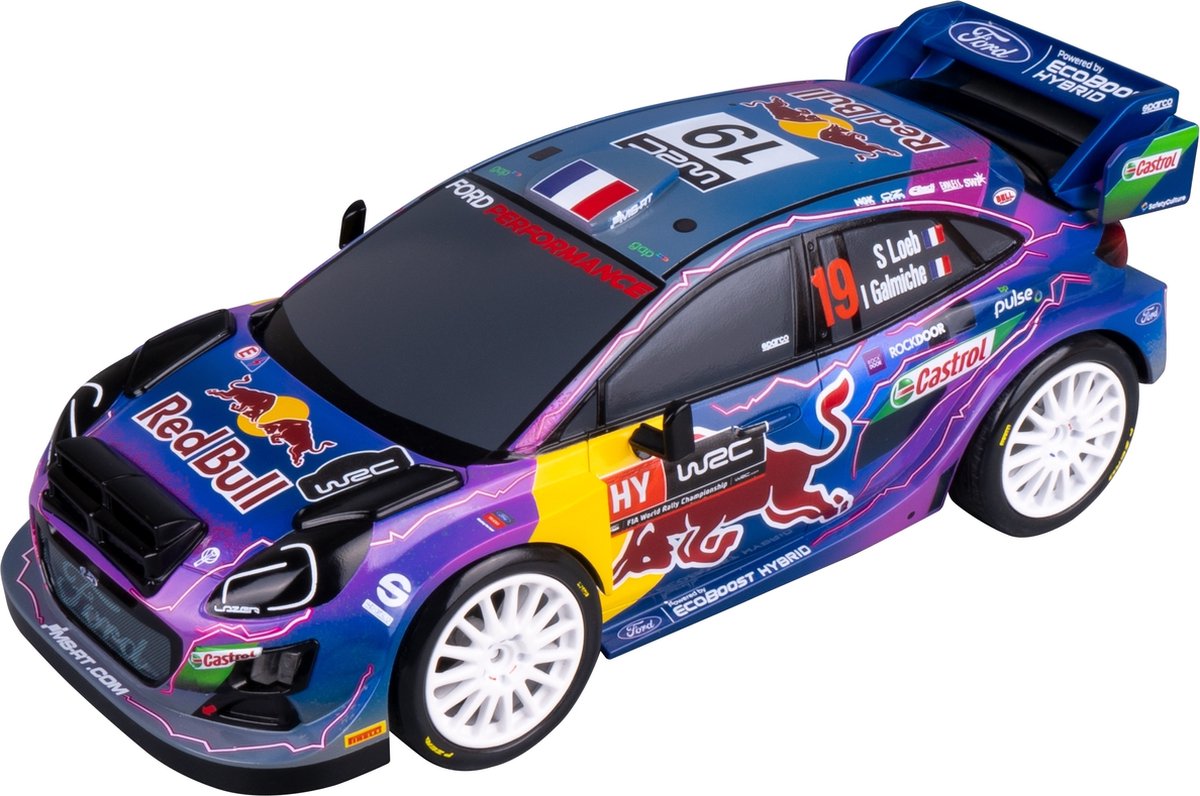 Nikko rc auto rally - night mode m-sport ford puma #19 – rc voertuig 29 cm – led verlichting – vanaf 6 jaar – blauw paars 1:18