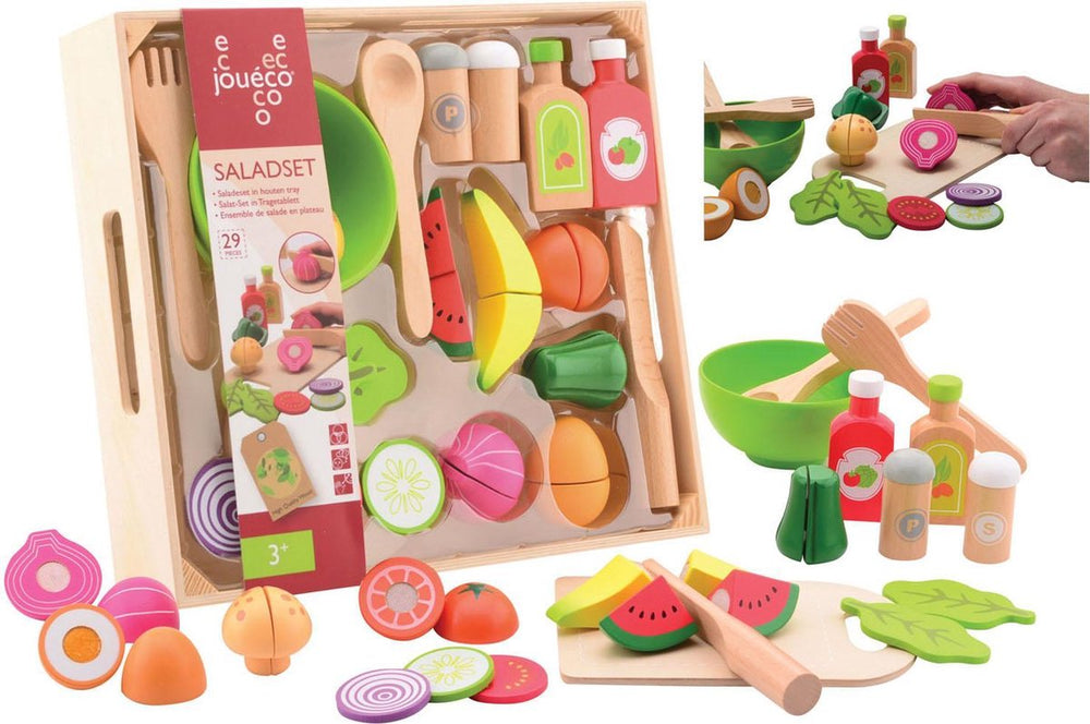 Jouéco salade set - speelgoedeten en drinken in houten tray