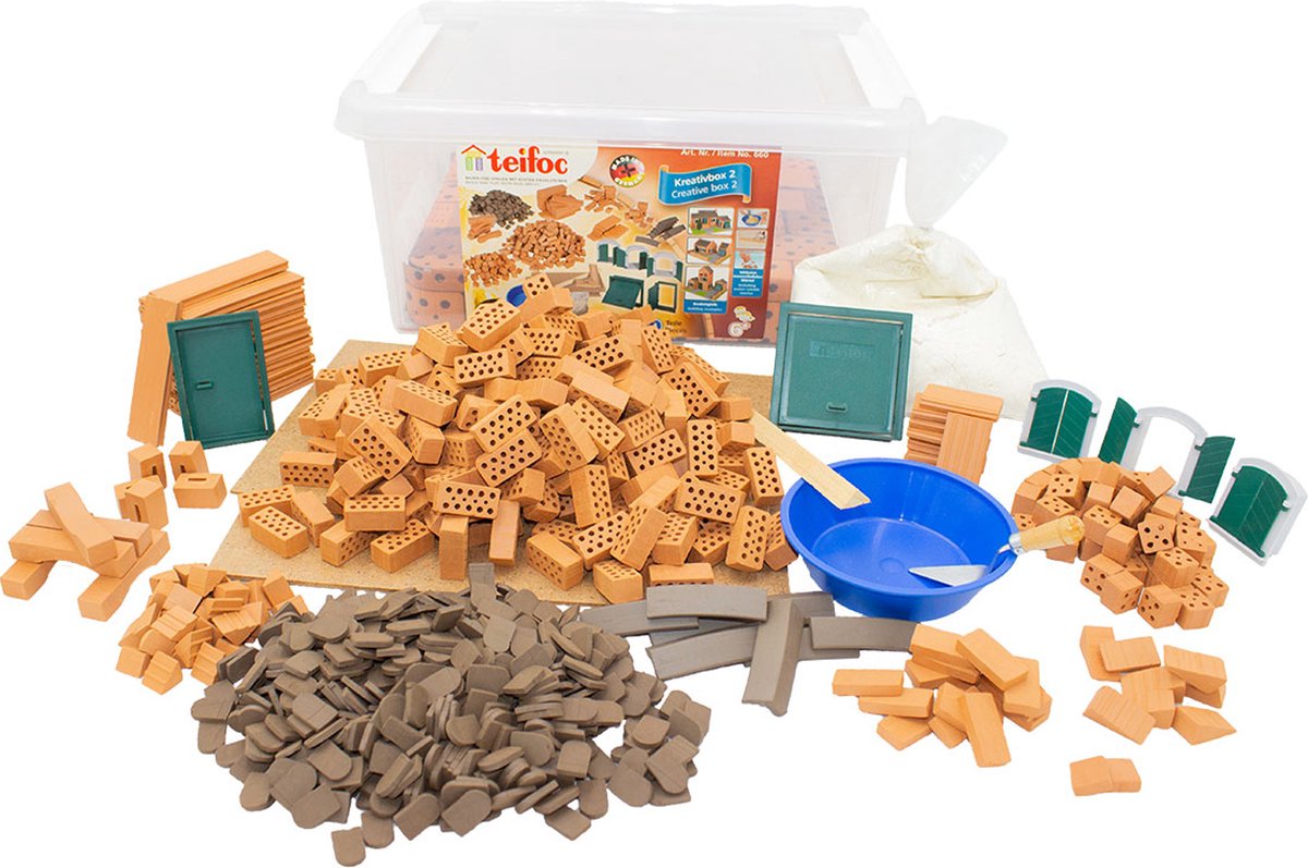 Teifoc ® bouwdoos – creatieve box xxl – 850 onderdelen – echte mini bakstenen met cement, kom en troffel – bouwpakket voor kinderen vanaf 6 jaar