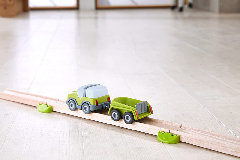 Haba kullerbü knikkerbaan - terreinwagen met aanhanger