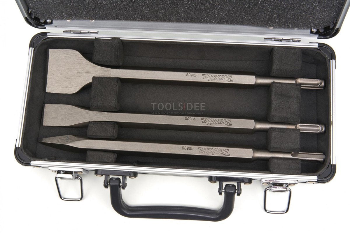 Makita accessoires 3-delige sds plus beitelset: punt, vlak en spadebeitel in aluminium koffer d-42357 - d-42357