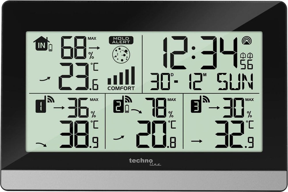 Nextime weerstation technoline ws 7065 144x96x38mm zwart zilver met 3 buitensensors 30m