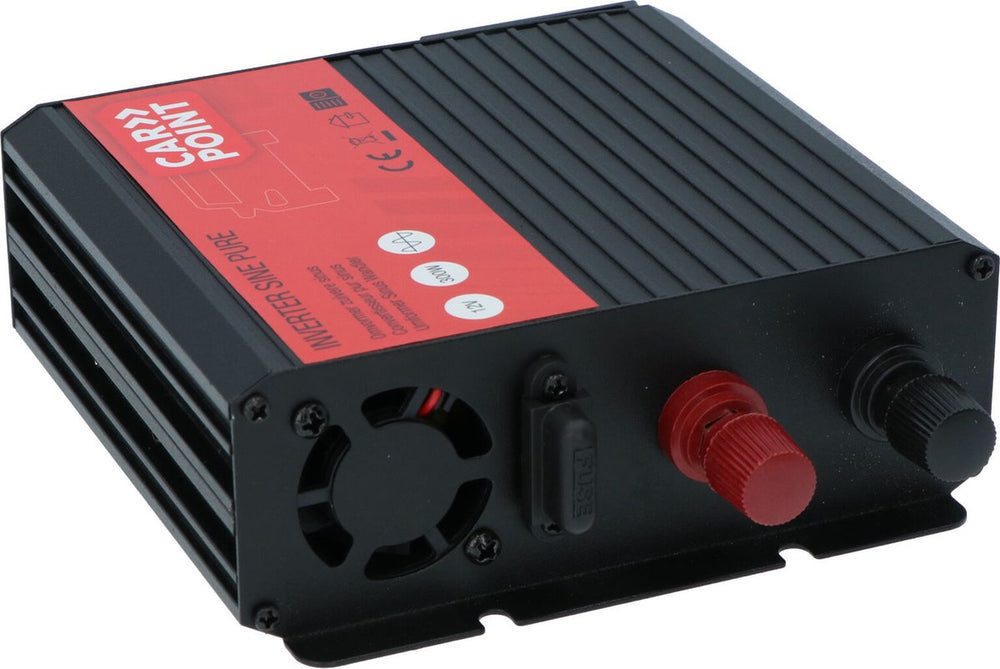 Carpoint omvormer - 12v>230v - zuivere sinus - continu vermogen 300w - piekvermogen 600 watt – uitgang frans belgisch stopcontact - aansluiting op accu met accuklemmen - schokbestendig - temperatuur geregelde koelventilator – afmeting 150x130x53mm
