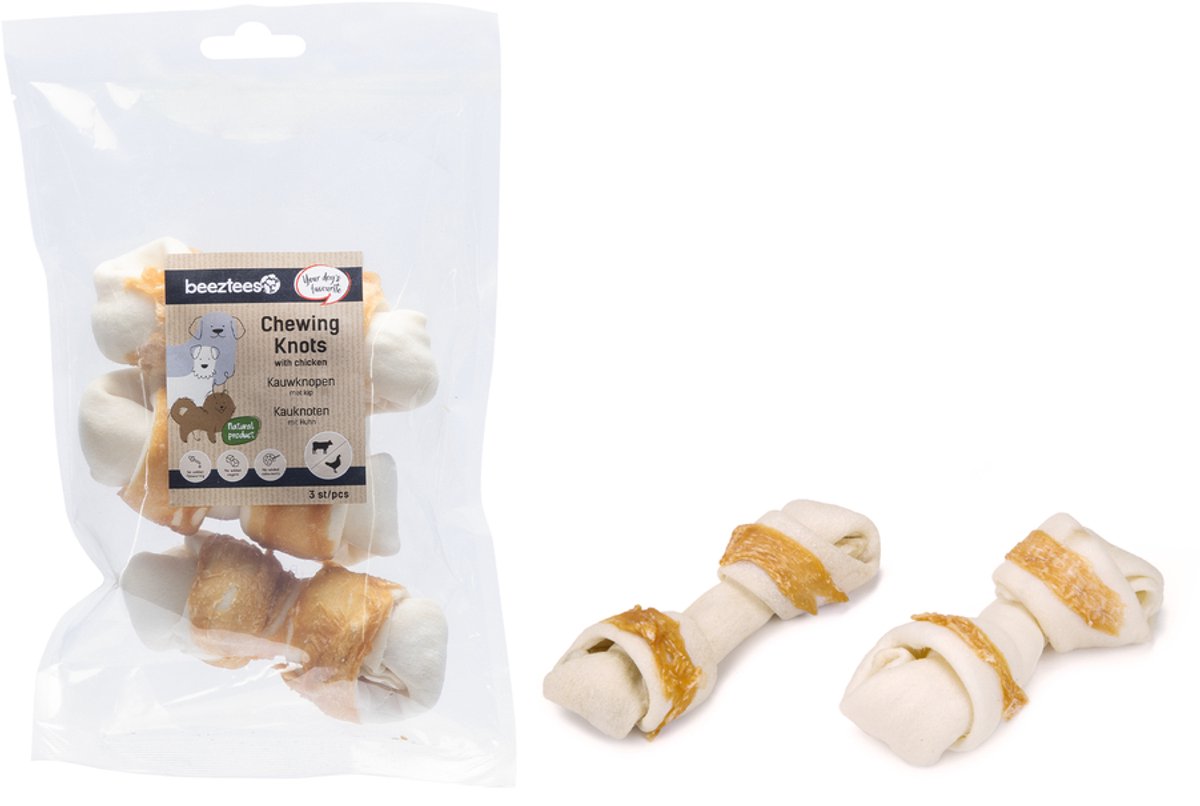 Beeztees culinair kauwknoop met kip - 3 stuks - 13 cm hondensnacks - kauwsnacks - hond