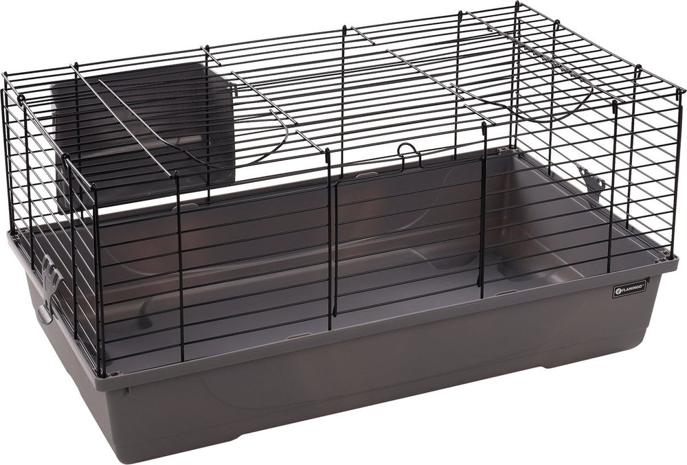Flamingo hamsterkooi – mobi – caviakooi dwergkonijnenkooi – binnenkooi met hooiruif en diepe bodem – metaal zwart grijs – 75x47x40 cm – europese kwaliteit