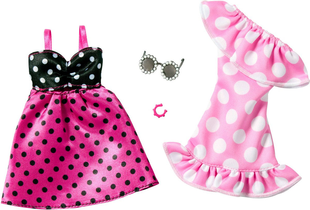 Mattel barbie 2-pack kleding outfit en accessoires - 2 zomerse stippeljurken, zonnebril en armband