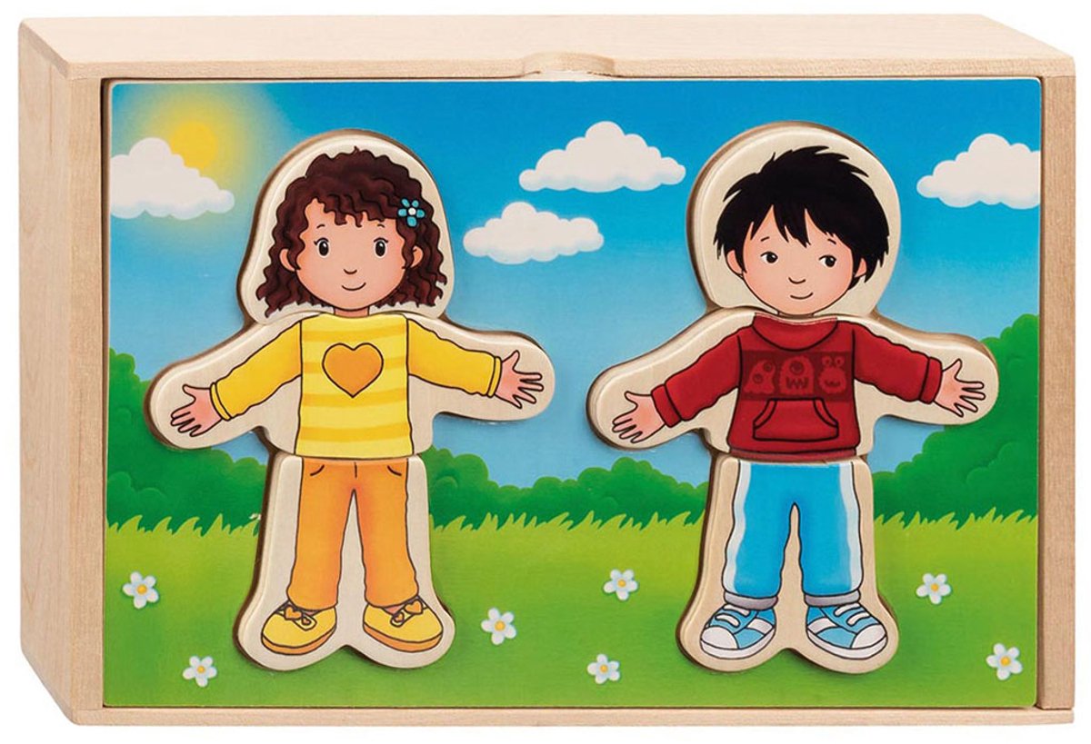 Goki houten aankleedpuzzel jongen en meisje in houten kist, 36st.