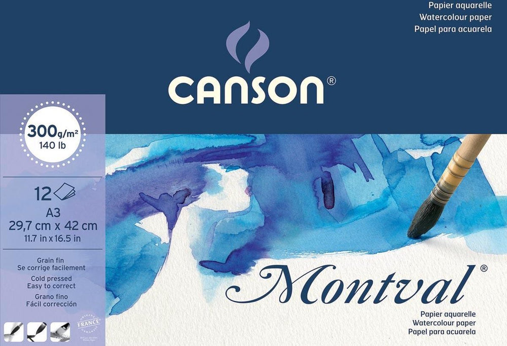 Canson montval aquarelpapier, wit met fijne korrel 300 g m², ft a3, blok met 12 vellen