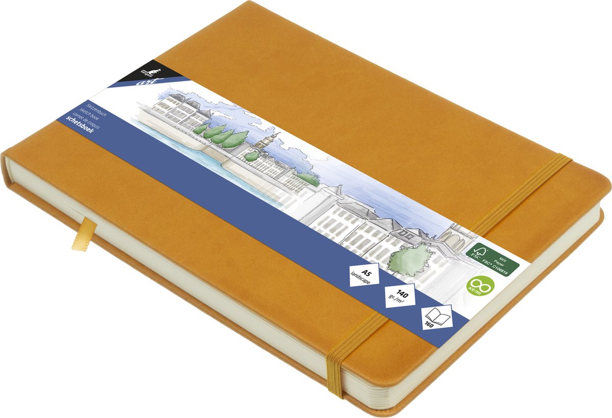 Kangaro schetsboek - a5 landscape - okergeel - pu hardcover - met elastiek en lint