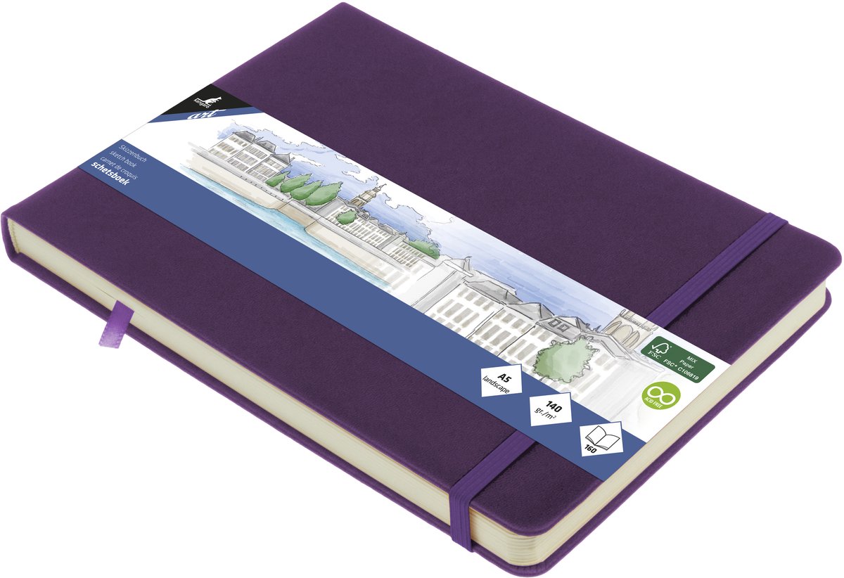 Kangaro schetsboek - formaat a5 landscape - purple heart - met elastiek en lint