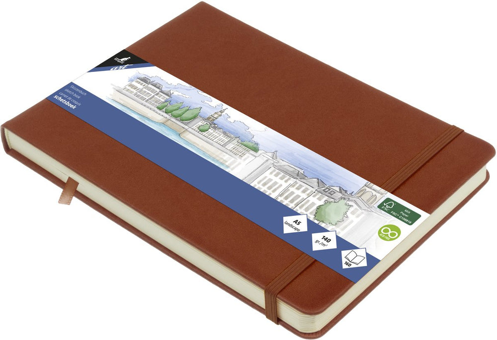 Kangaro schetsboek a5 landscape - cognac - hardcover kaft - met elastiek en lint