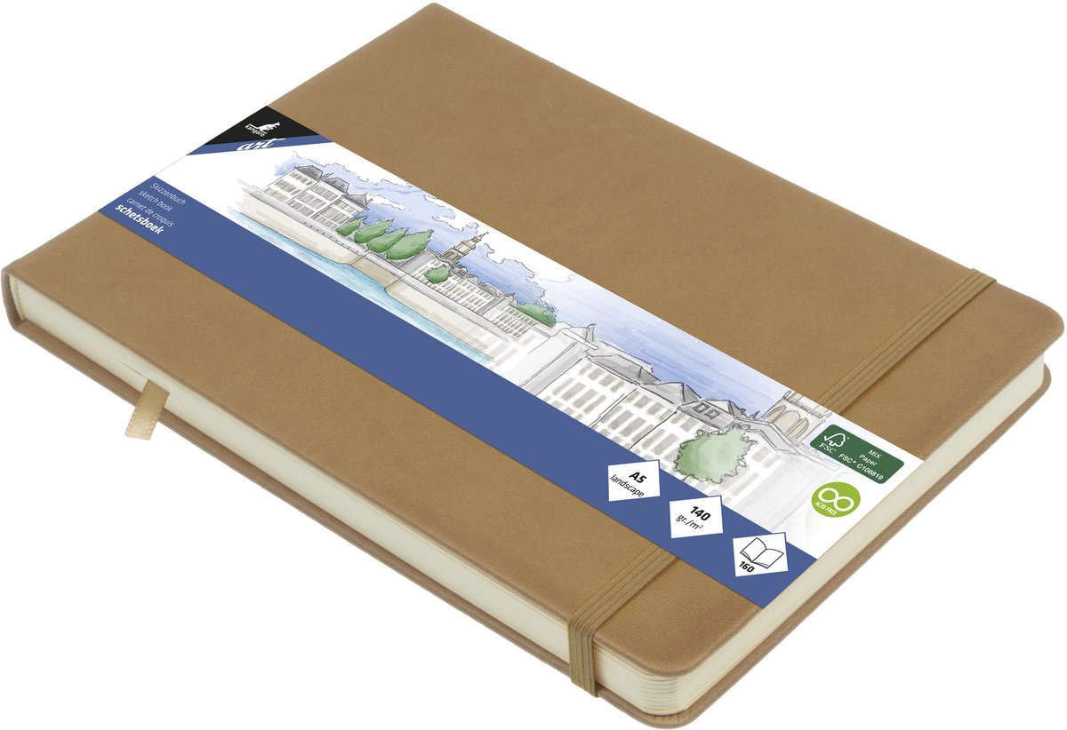 Kangaro schetsboek a5 landscape - taupe - hardcover kaft - met elastiek en lint