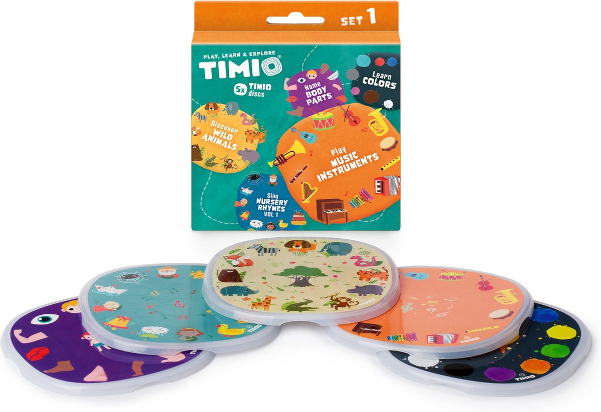 Timio disk set # 1: 5 audio-discs voor de player | leer kleuren, wilde dieren, muziekinstrumenten, 96 kinderliedjes vol. 1, lichnaamsdelen | alles in 8 talen | leerspeelgoed van 2 - 6 jaar
