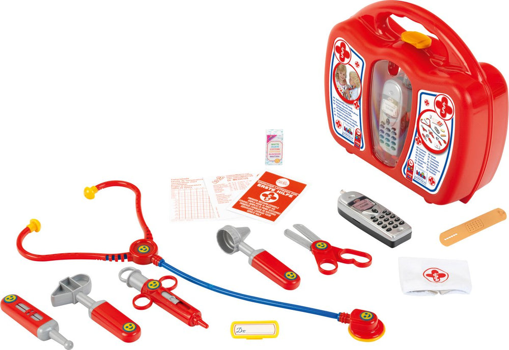 Klein toys dokterskoffer met mobiele telefoon - stethoscoop, thermometer, reflexhamer, injectiespuit, pincet, oorspiegel, schaar, verpleegsterskapje, naamplaatje, pleisters - multicolor