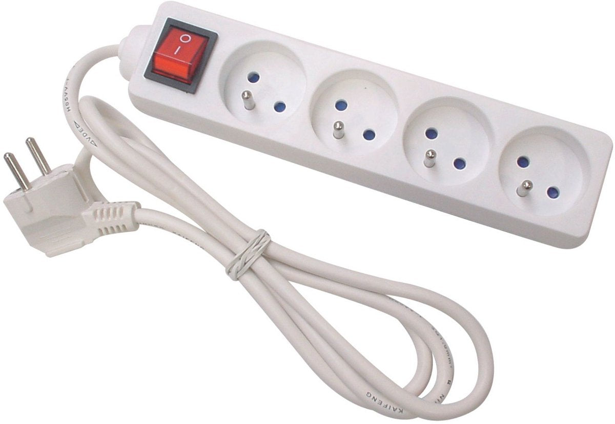 Perel stekkerdoos met schakelaar, 4 stopcontacten met penaarde (type e), kabel 1.5 m, 3g1.5, gebruik binnenshuis, wit