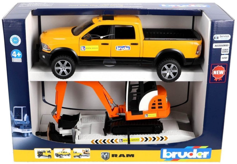 Bruder auto ram 2500 power wagen verhuurservice met aanhangwagen en minibagger