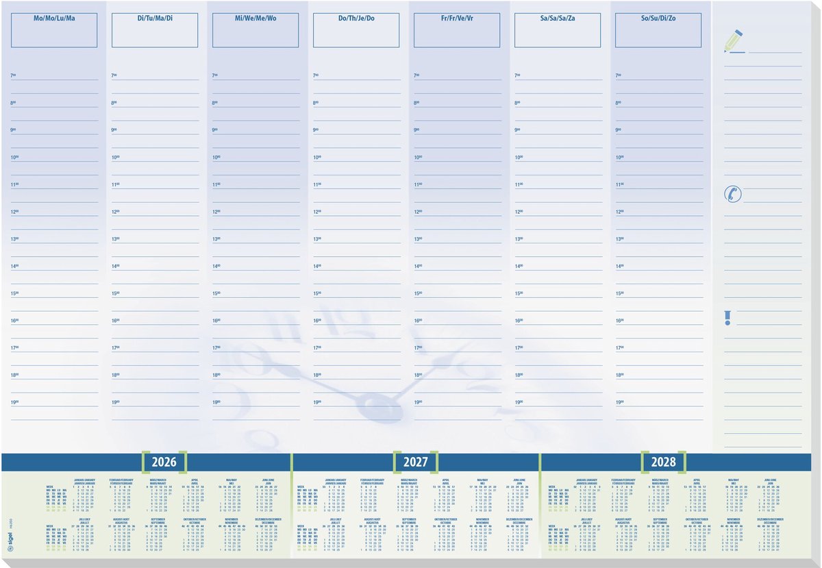 Sigel bureauonderlegger time met kalender 2026 2027 2028 formaat a2 30 vel afscheurbaar