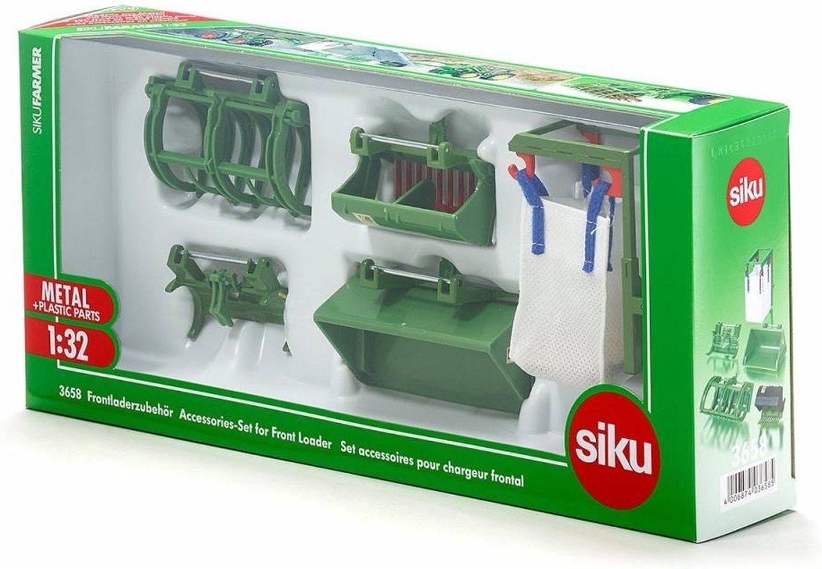 Siku 3658 voorlader-accessoireset, 5-delig, 1:32, groen, geschikt voor alle -tractors met voorlader met schaal 1:32