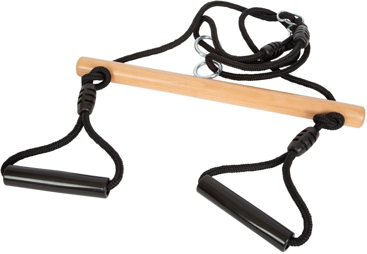 Kleine voet - houten trapezeschommel met gymnastiekringen zwarte lijn