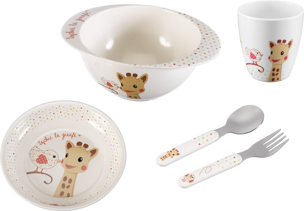 Sophie de giraf maaltijdset - kinder servies - kinderbord - drinkbeker - kom - kinder bestek - vaatwasser bestendig - vanaf 6 maanden - 5-delig - beige rood