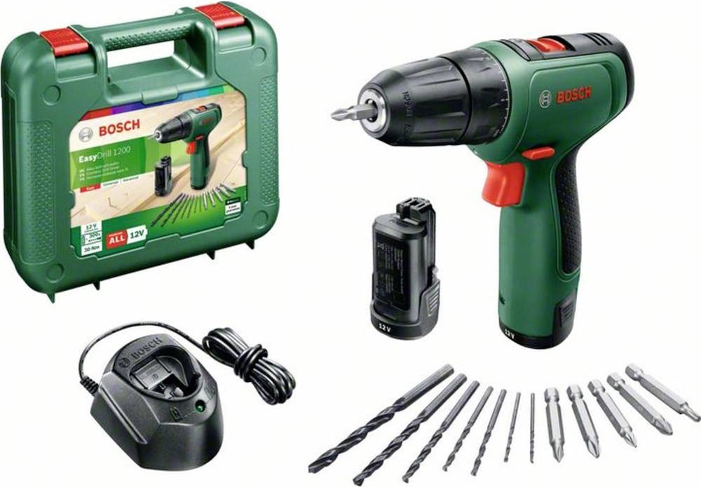 Bosch easydrill 1200 accuschroefboormachine - met dubbele schroefbit en koffer - met 2x 12 v accu en lader