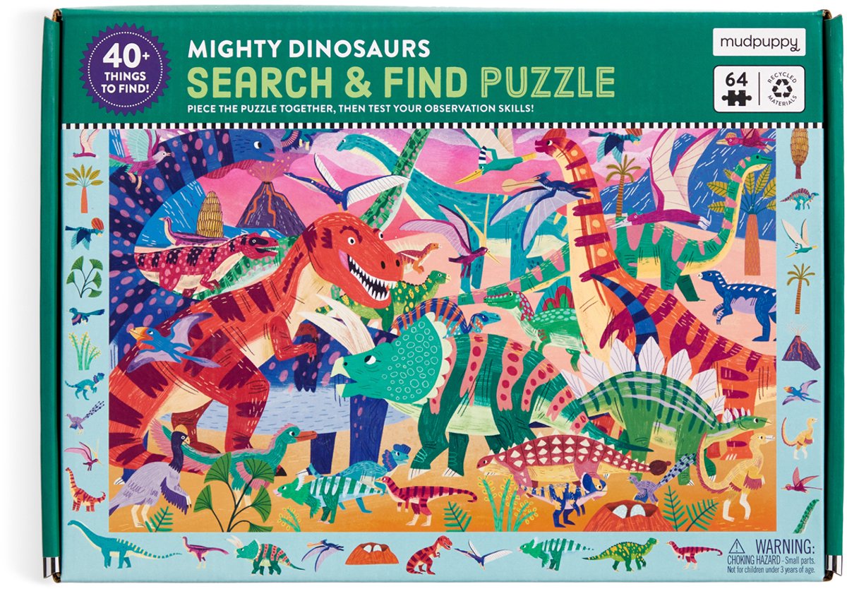 Mudpuppy zoek-en-vind-puzzel - machtige dinos - 59x39cm - 64 stukjes - 4 jaar