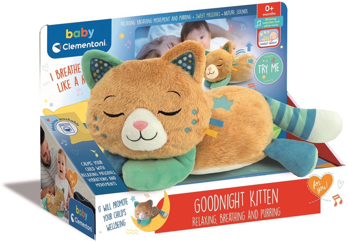 Clementoni baby - good night kitten - slaap-knuffel met ademhaling, spingeluid en melodieën - voor ontspanning - vanaf 0 maanden