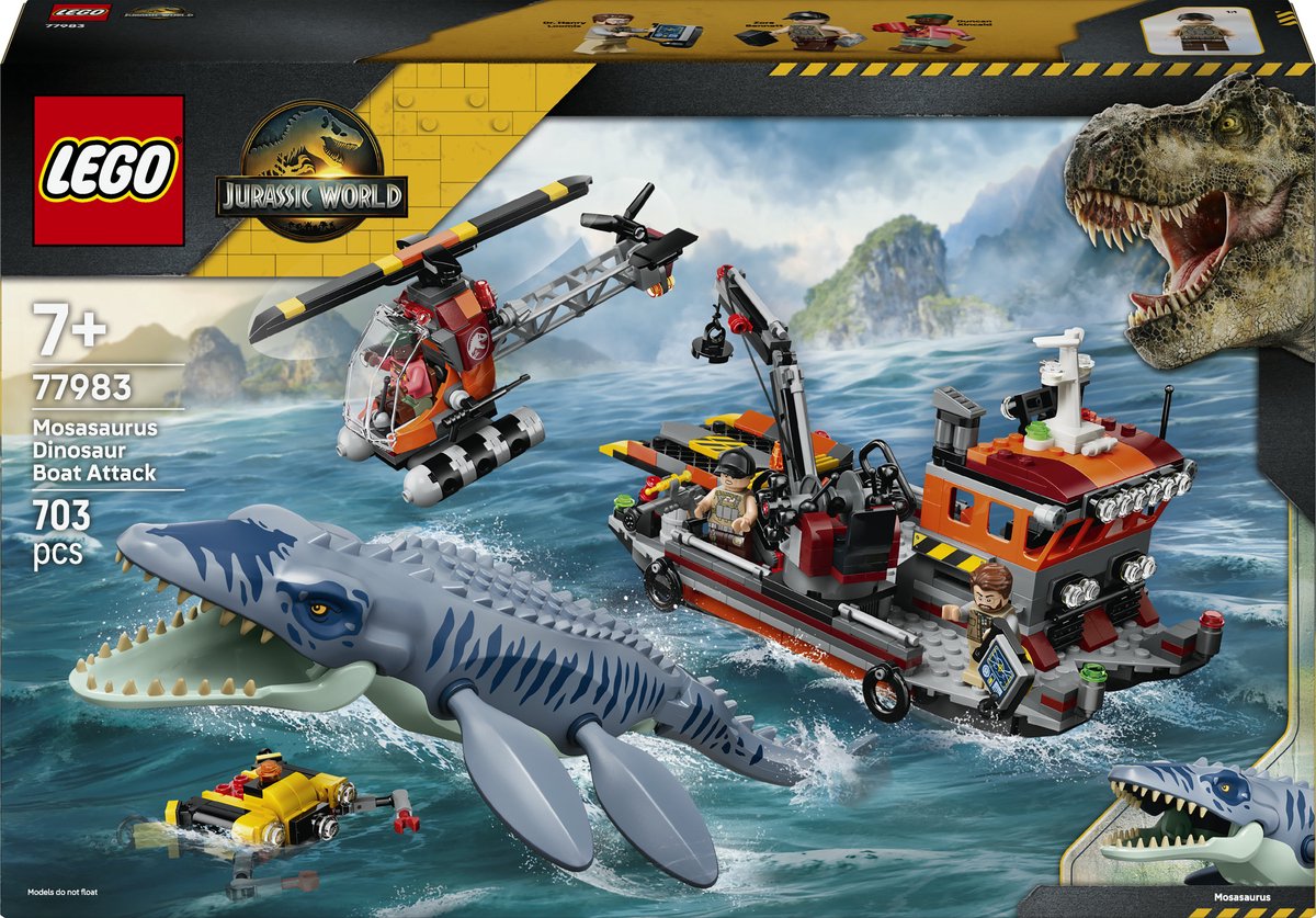 Lego jurassic world mosasaurus bootaanval dinosaurus speelgoed voor kinderen 77983