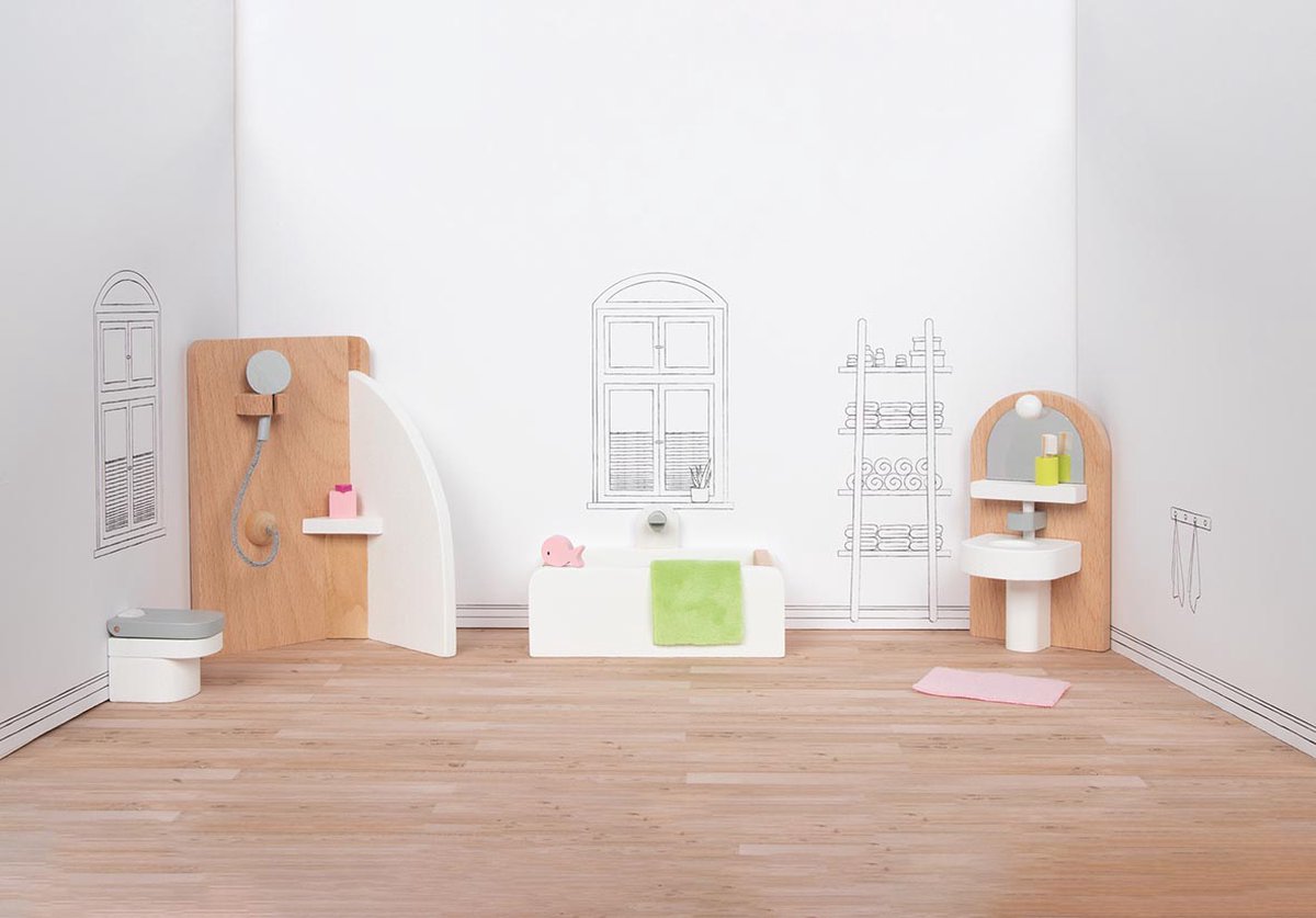 Goki houten poppenmeubel badkamer, 10dlg.