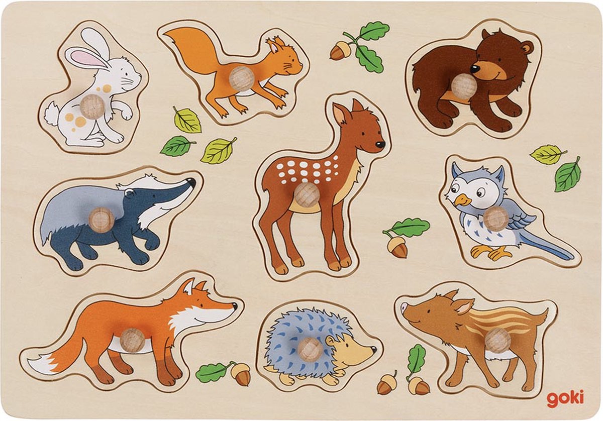 Goki houten noppenpuzzel bosdieren, 9st.