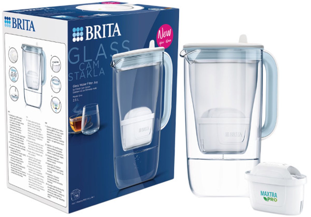 Brita glazen waterfilterkan led maxtra pro blue, 2,5 l + waterfilter maxtra pro all-in-1