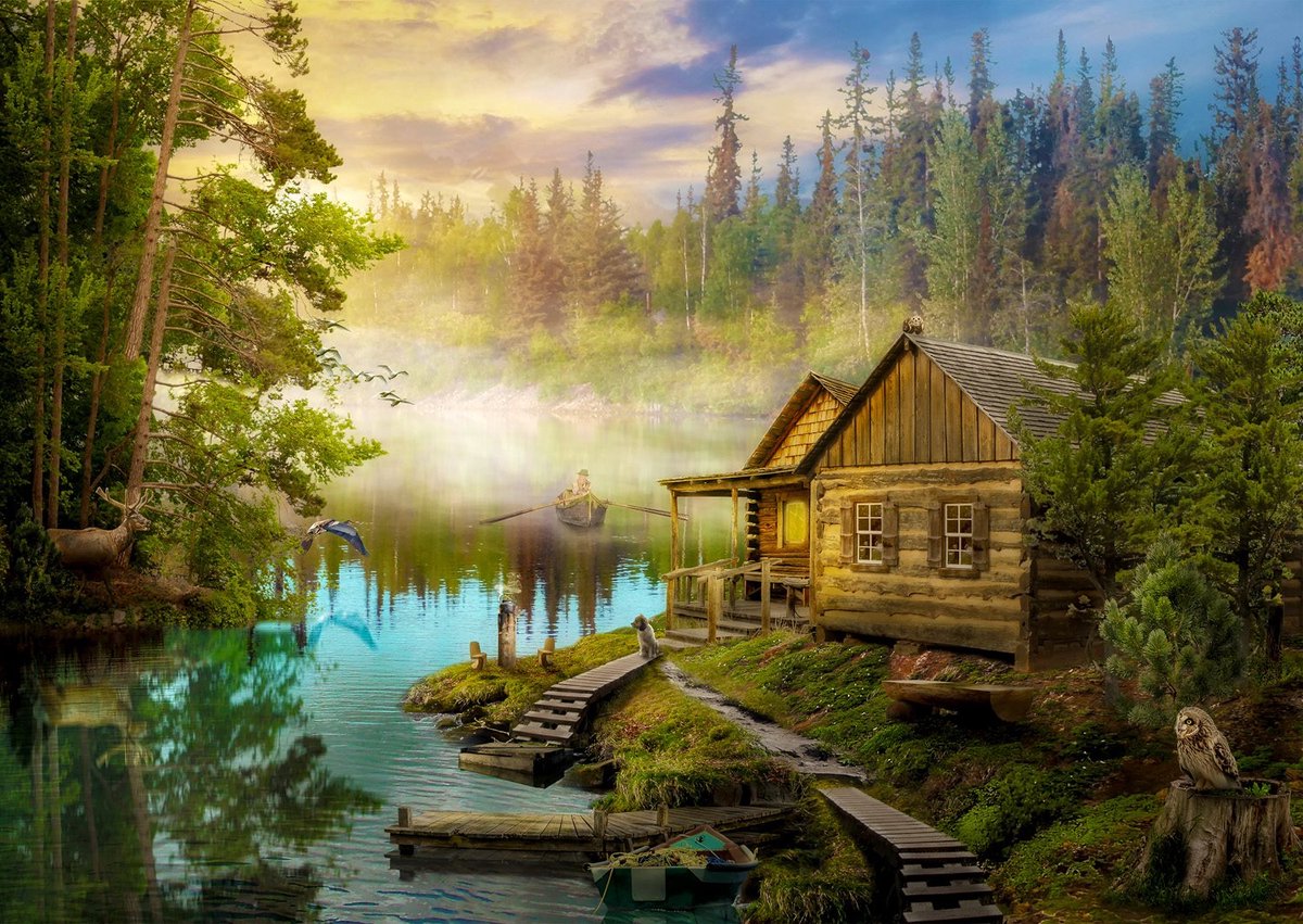 Enjoy puzzle legpuzzel a log cabin on the river - 1000 stukjes puzzel.