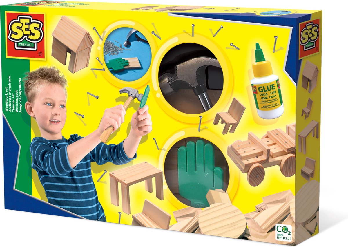 Ses creative – timmerset – montessori speelgoed – hout, hamer, spijkers en lijm – met veiligheidshand – vanaf 5 jaar