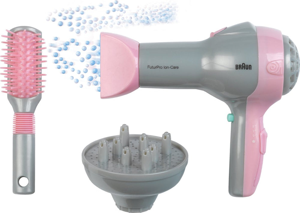 Klein toys braun haardroger met diffuser en borstel - incl. ventilator met koude-lucht-mechanisme - roze grijs