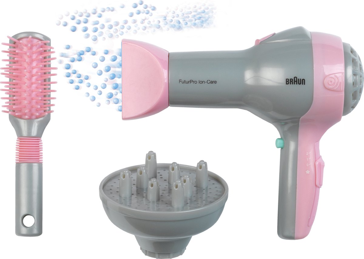 Klein toys braun haardroger met diffuser en borstel - incl. ventilator met koude-lucht-mechanisme - roze grijs