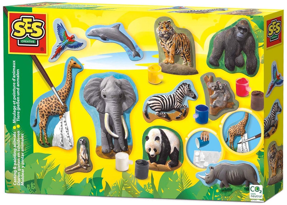 Ses creative - gieten en schilderen - dieren - gips gieten - maak een giraffe, gorilla, panda en meer - met vormpjes, gips, verf en penseel