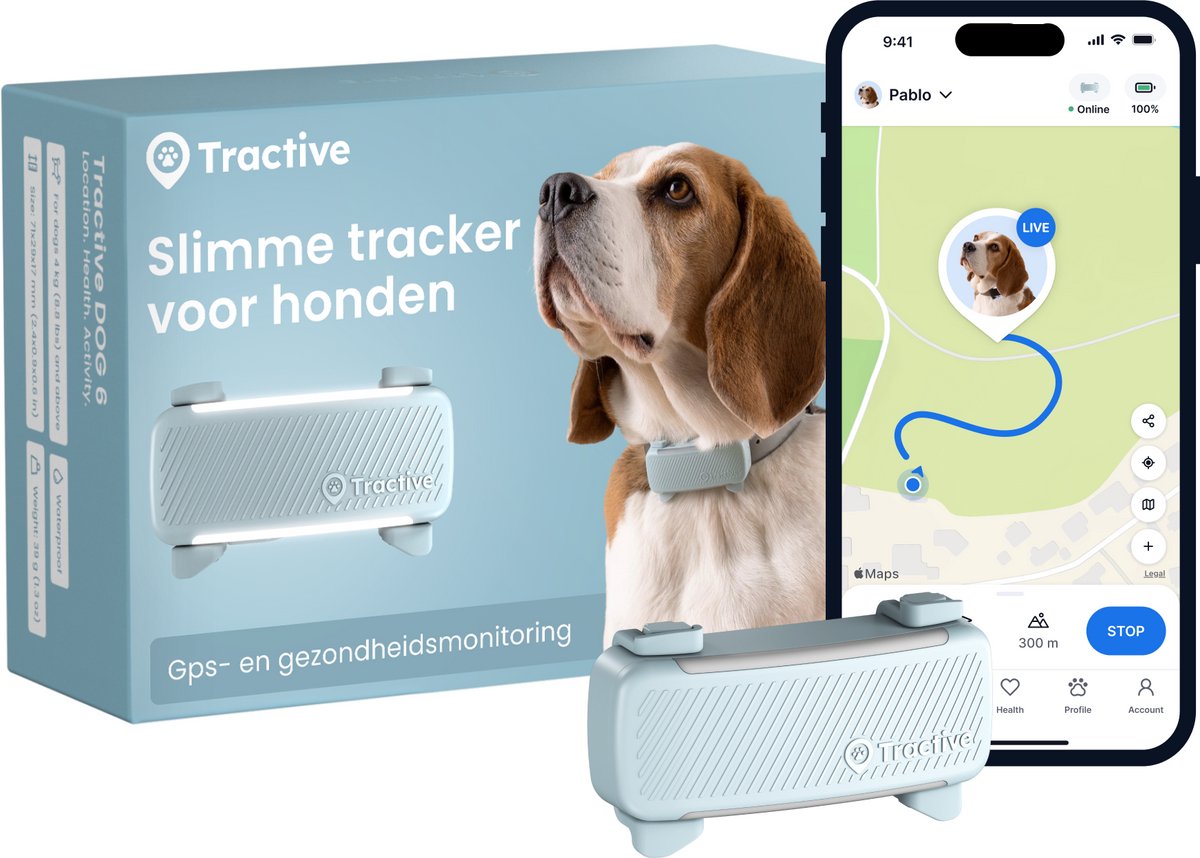 Tractive dog 6 – gps tracker voor honden - real-time locatie, activiteitenmonitor waterdicht - past op meeste halsbanden – munt
