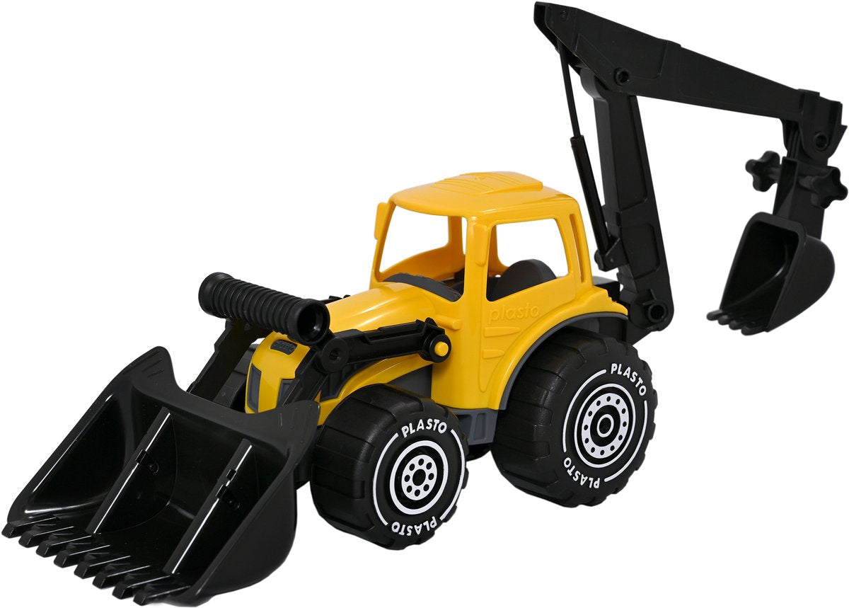 Plasto tractor met voorlader en graafarm geel 57 cm - speelgoedvoertuig - backhoe - graafarm - grote tractor - bpa-vrij - gemaakt in finland - vanaf 1 jaar