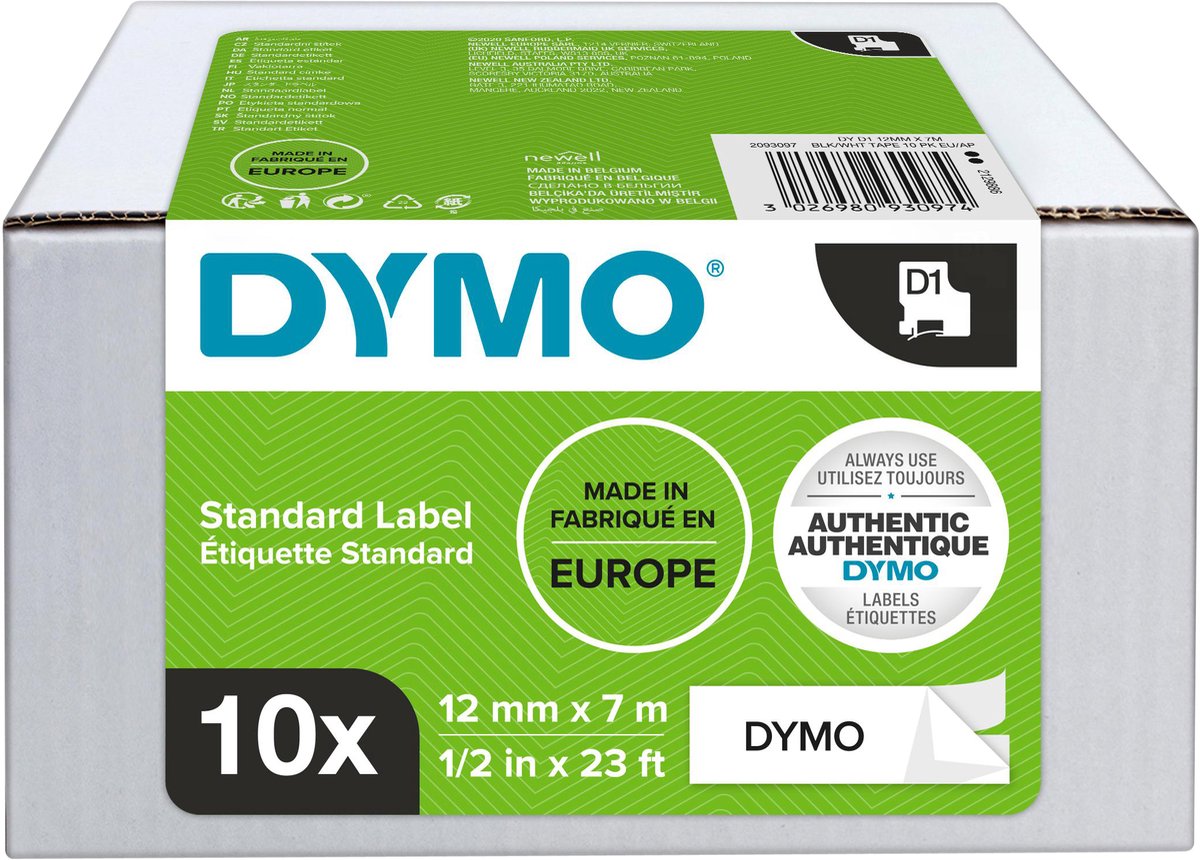 Dymo labeltape 45013 glanzend 12 mm zw wi
