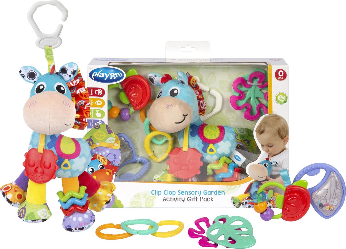 Playgro geschenkset clip clop paard - kraamcadeau - kadoset - hangspeeltjes - 3 bijtpseeltjes - 3 geschakelde ringen