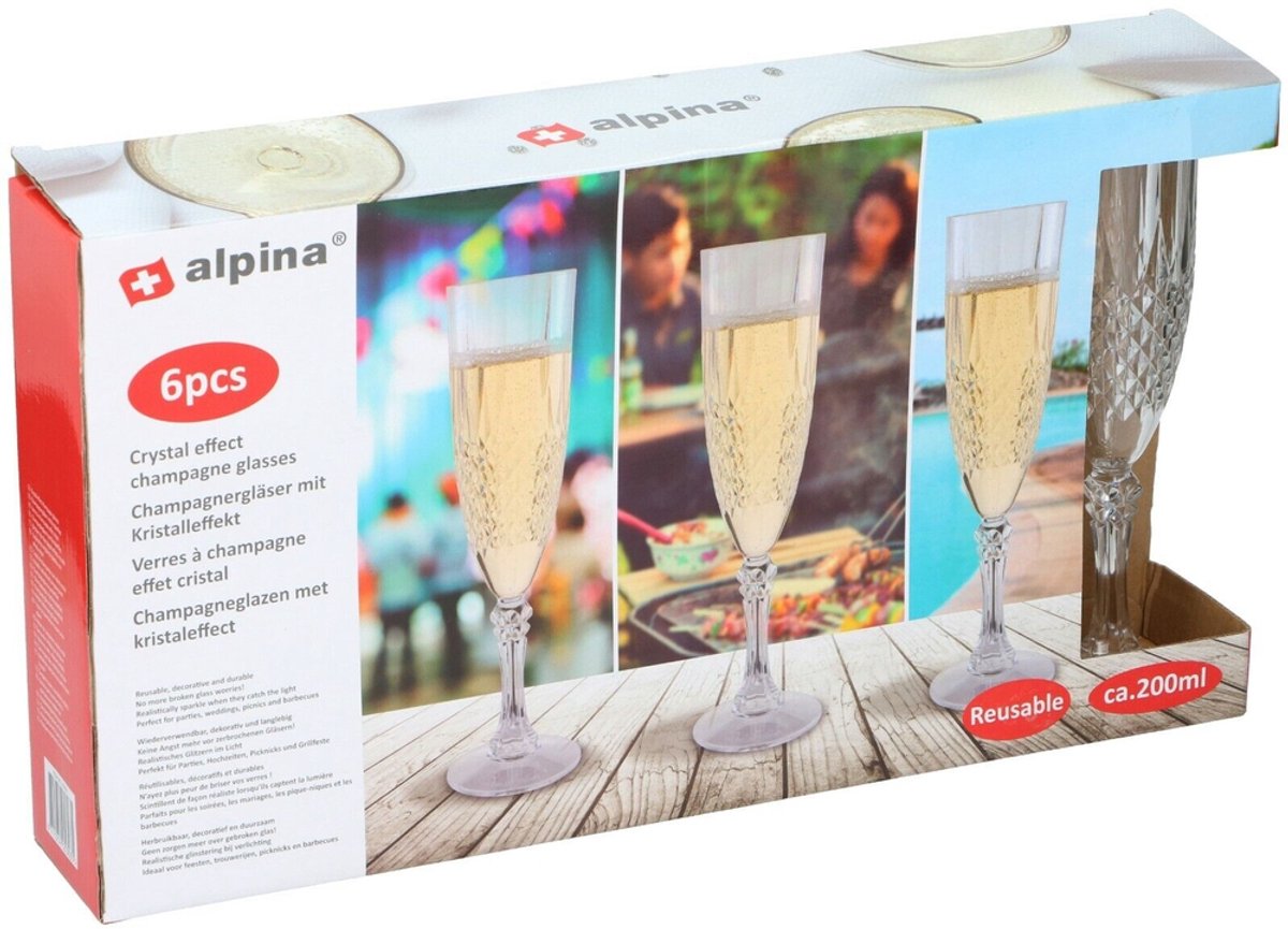 Alpina champagneglazen met kristaleffect 6 stuks – herbruikbare champagneglazen kunststof – feestglazen 200 ml voor buiten en binnen – kristallook – transparant