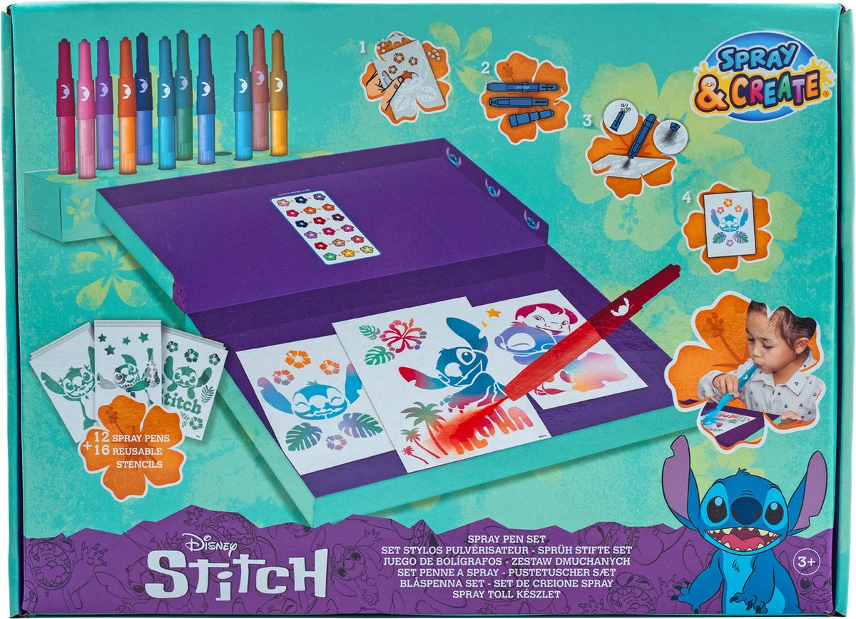 Canenco disney stitch - spray pen set deluxe - blaaspennen en schablonen - tekenset voor kinderen