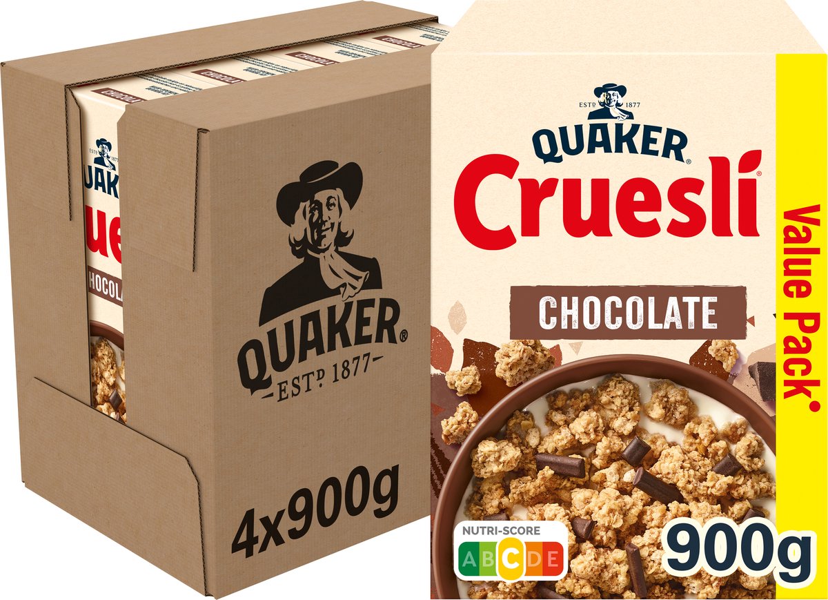 Quaker cruesli chocolade - ontbijtgranen - 4 x 900 gram