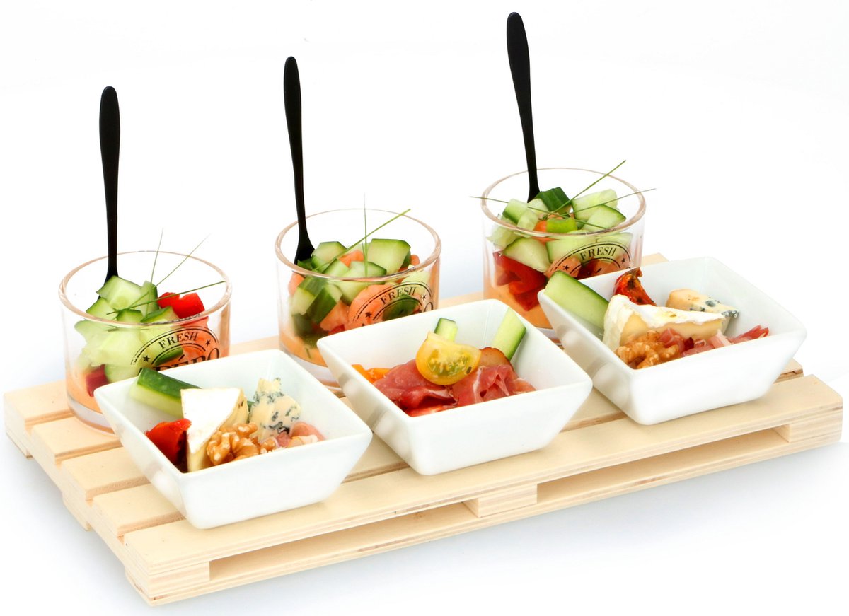 Alpina amuseset - 1 tray - minipallet - 3 glaasjes 3 bakjes 3 lepels - voor hapjes en amuses