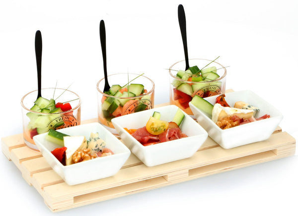 Alpina amuseset - 1 tray - minipallet - 3 glaasjes 3 bakjes 3 lepels - voor hapjes en amuses