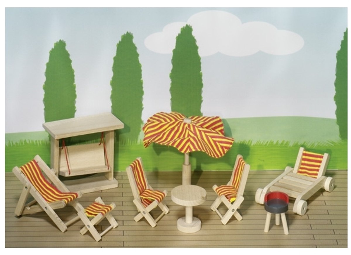 Goki poppenhuismeubeltjes serie 2: tuinmeubelen 9-delig, voor pop